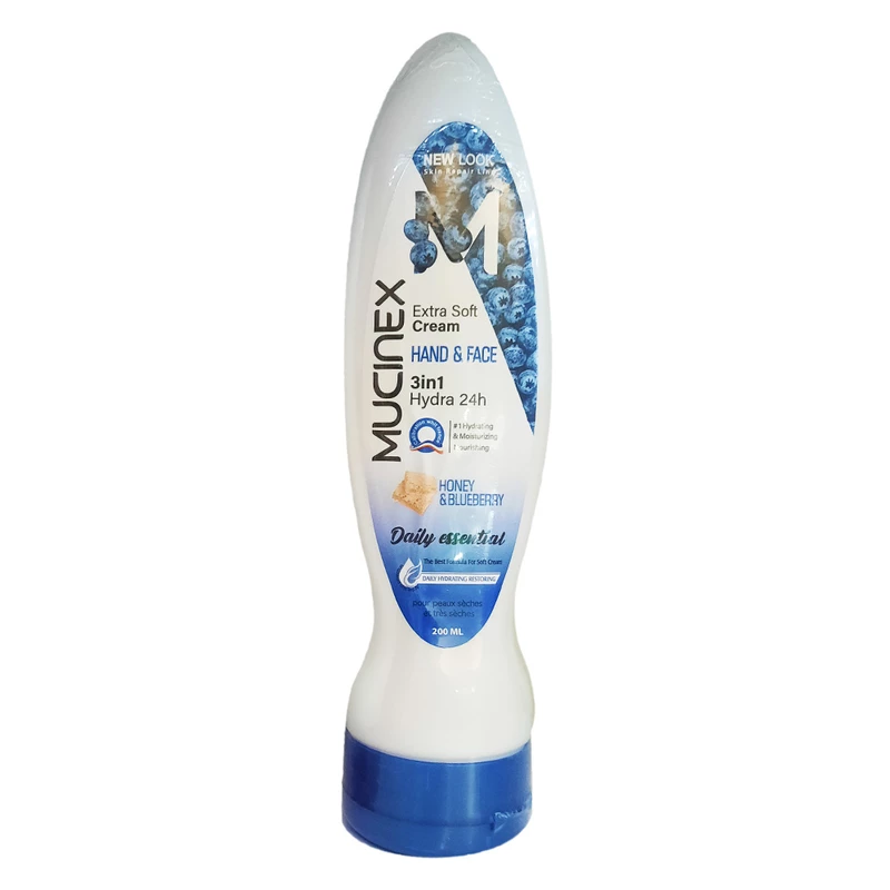 کرم دست و صورت 3 کاره موم عسل و بلوبری ماسینکس 200 میلی لیتر | Mucinex Extra Soft Honey & Blueberry Face & Hand Cream 200 ml